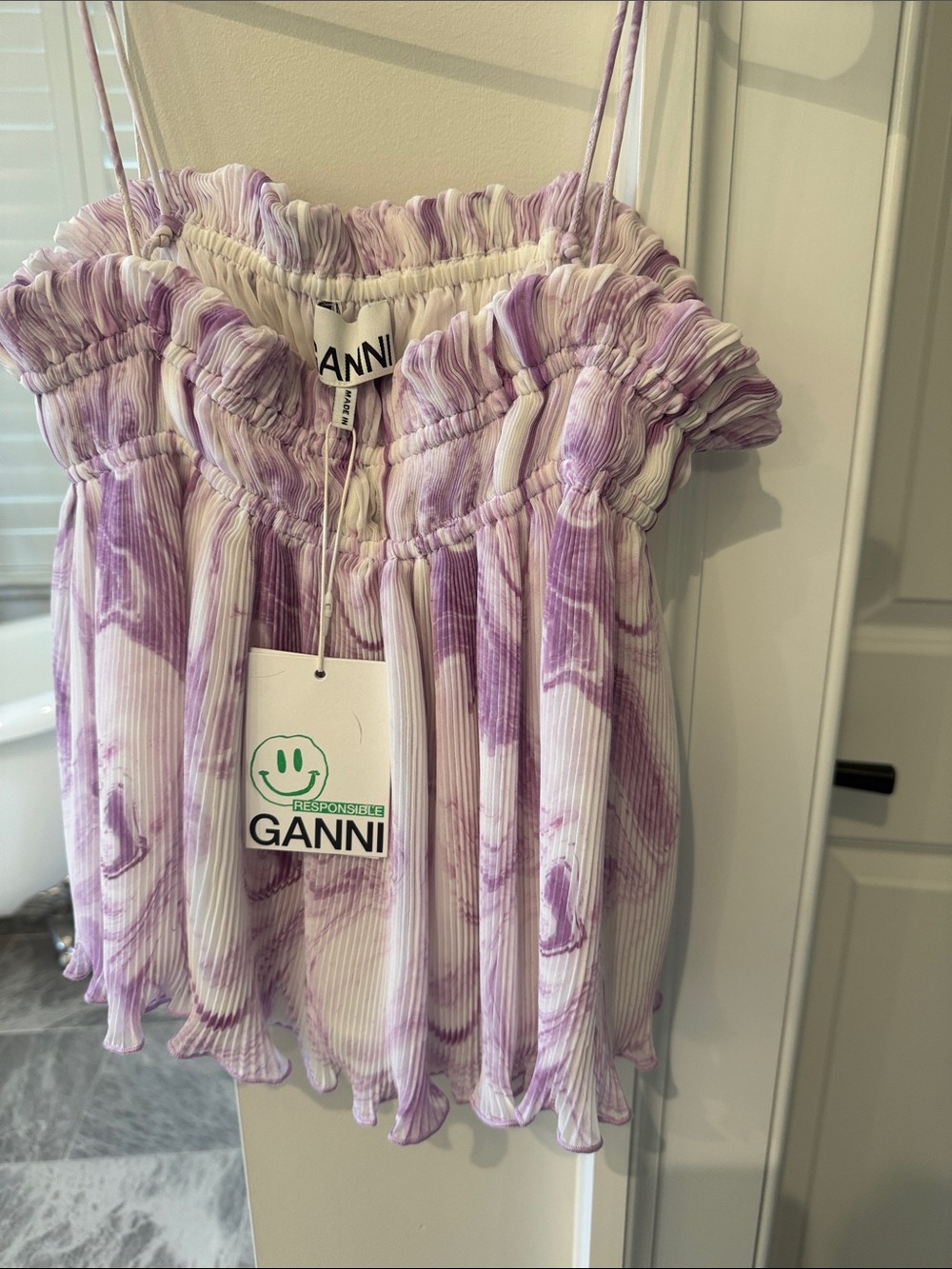 Ganni purple and white pleated georgette strappy cami. Ties are adjustable.